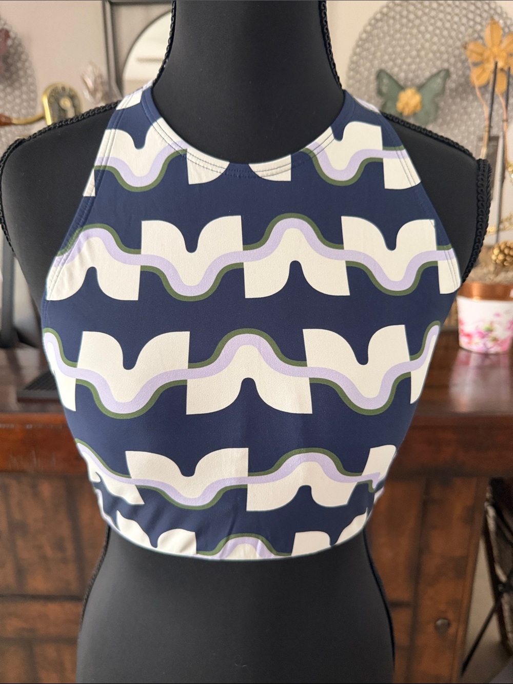 Tory Burch Navy Retro Wave Halter Crop Top with White, Lavender & Olive Accents